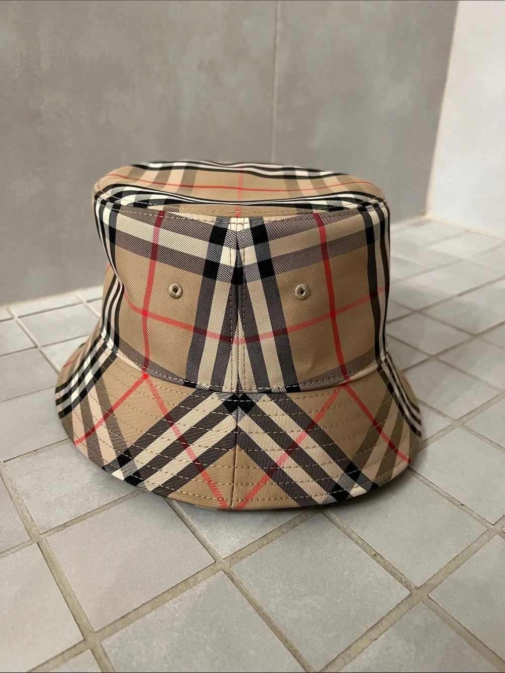 Burberry Beige Plaid Bucket Hat with Black & Red Stripes
